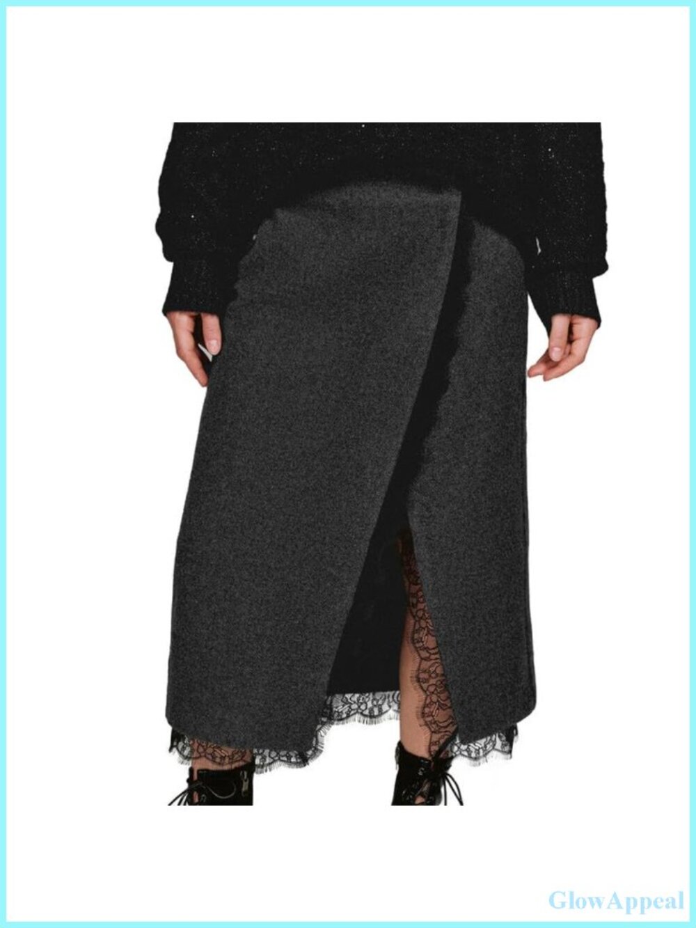 Wool Blend Midi Pencil Skirt Lace Trim Office Date Night Elegant